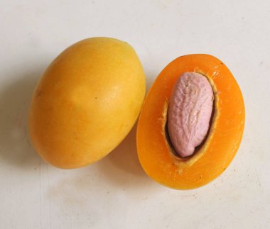 Üst ve düz taze tatlı olgun Marian eriği yığını Tayland meyvesi beyaz bir zemin üzerinde izole (mayongchid maprang marian erik ve erik mango, thailand). Tayland 'ın sağlıklı meyveleri