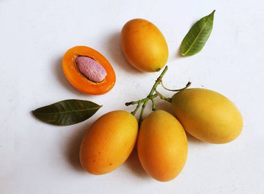 op view ve düz taze taze tatlı tatlı Marian erik erik yığını Tayland meyvesi yalıtılmış beyaz bir zemin üzerinde (mayongchid maprang Marian erik ve erik mango, Tayland). Tayland 'ın sağlıklı meyveleri