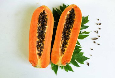 Üst ve düz taze, olgun bir papaya meyvesi uzanıyor. Tohumları, yemek dokusunu, kesimini, kesilmiş meyveleri beyaz bir zeminde izole edilmiş. Sağlıklı beslenme için sebze ve meyve