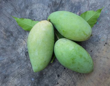 taze çiğ organik mango altın, mango nam dok mai mango, barakuda mango, (Mangifera indica Linn) tahta tahtada yaprak izole edilmiş meyve kralı. Tropikal egzotik meyve ve sağlıklı meyve