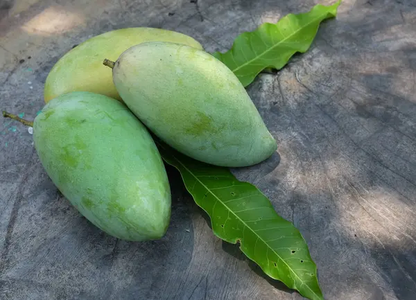 taze çiğ organik mango altın, mango nam dok mai mango, barakuda mango, (Mangifera indica Linn) tahta tahtada yaprak izole edilmiş meyve kralı. Tropikal egzotik meyve ve sağlıklı meyve