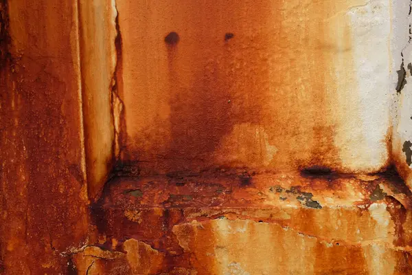 Üst manzara boş kare kare fotoğraf eski, paslı beyaz duvar, tuzlu suya maruz kalmaktan kahverengimsi pas. Metal yüzey lekeleri paslanmış. Paslı aşınma. tasarım için grunge boş tahta arkaplanı