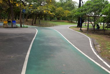 Şehir parkındaki lastik yeşil bisiklet yolunun görüntüsünü kapat. Parktaki yeşil boş bisiklet yolu ve her iki taraftaki bahar çiçekleri ve ağaçlar. Beyaz çizgili yeşil bisiklet yolu