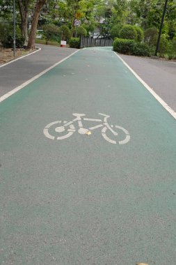 Şehir parkındaki lastik yeşil bisiklet yolunun görüntüsünü kapat. Parktaki yeşil boş bisiklet yolu ve her iki taraftaki bahar çiçekleri ve ağaçlar. Beyaz çizgili yeşil bisiklet yolu