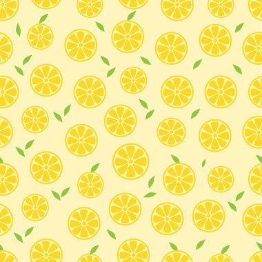 Sarı Limonlar kusursuz tekrarlanan şablon arka planı. Yüzey Deseni Tasarımı. Vektör İllüstrasyonu. Yemek endüstrisi, ürün ambalajı, restoran, menü kartı, mutfak projeleri için harika.