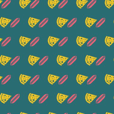 Koyu yeşil dikişsiz Vector Pizza ve Hamburger, arka planda tekrarlayın. Restoran menüleri, duvar kağıtları, hatıra defteri, yemek paketleme, broşür, poster, pankart projeleri için mükemmel