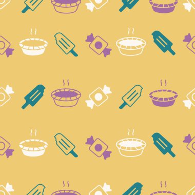 Vektör Sarı Tatil Muamelesi Tekrarlanan Desen Arkaplanı. Yüzey Deseni Tasarımı. Yemek paketleme, restoran menüleri, poster, el ilanları, web afişleri, dekor vs. için harika.