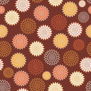 Kahverengi arkaplanda ayçiçeği deseni olan vektör tekrarlı desen tasarımı. Mevsimler için harika - yaz, bahar, sonbahar, ev dekorasyonu projeleri 
