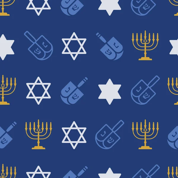 패턴은 하누카 Hanukkah Vibes 감촉푸른 배경에 황금색 Dreidels Menorahs David — 스톡 벡터