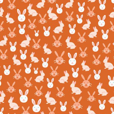 Vector repeat pattern design with cute pastel bunnies on an orange background. Surface Pattern Design. Great for Easter, Chinese New Year projects and kids apparel