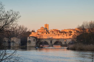 Zamora old town seen form Douro river, Acenas and stone bridge in the foreground, Cathedral in background, Spain