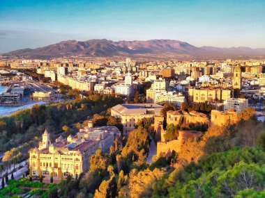 Malaga şehri Gibralfaro kalesinden görüldü, Malaga şehri, Endülüs, İspanya, Avrupa