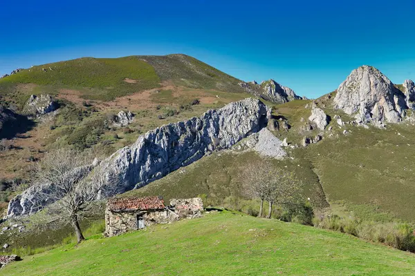 Shepherd 'ın Majada La Valencia' daki kulübesi, Felechosa köyü, Aller sıradanlığı, Asturias, Kuzey İspanya, Avrupa