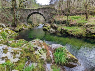 Villayon, Asturias, İspanya ve Avrupa 'daki Polea Nehri üzerindeki antik Roma köprüsü