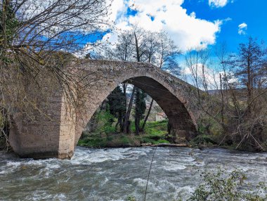 Mediaeval bridge also known as romano bridge, Viguera village, Cameros, La Rioja, Spain clipart