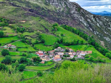 Arka planda Meadows ve Pena Manteca, Belmonte de Miranda municipailty, Asturias, İspanya