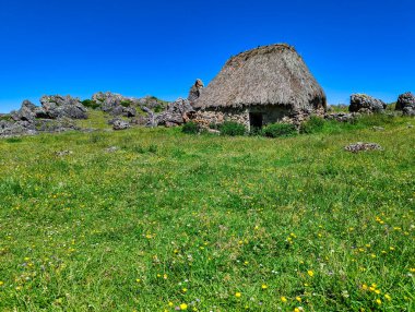 Teito (tipik kulübe) La Llamera yakınlarında, Somiedo Doğal Parkı ve Biyosfer Rezervi, İspanya