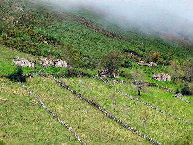 La Valencia 'daki kulübe, orman ve dağlar, Retrinon Dağı, Felechosa köyü, Aller, Asturias, İspanya