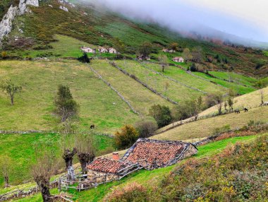 La Valencia 'daki kulübe, orman ve dağlar, Retrinon Dağı, Felechosa köyü, Aller, Asturias, İspanya
