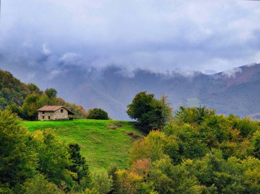 Kulübe, orman ve sonbaharda dağlar, Aller, Asturias, İspanya