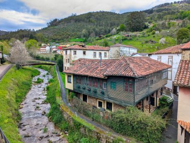 Valdes Salas Kulesi 'nin tepesinden görülen Salas köyü, Salas, Asturias, İspanya
