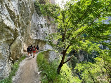 İnsanlar Asturias ve Leon vilayetleri arasındaki Picos de Europa Ulusal Parkı 'ndaki Ruta del Cares Kanyonu' nda yürüyorlar.