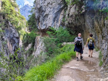 İnsanlar Asturias ve Leon vilayetleri arasındaki Picos de Europa Ulusal Parkı 'ndaki Ruta del Cares Kanyonu' nda yürüyorlar.