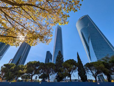 Madrid, Spain; 4th october 2025: Cuatro Torres Business Area, financial district skyline next to green areas