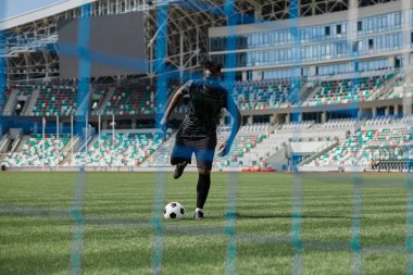 Futbol, yeşil çimen arka planlı futbol kalesi