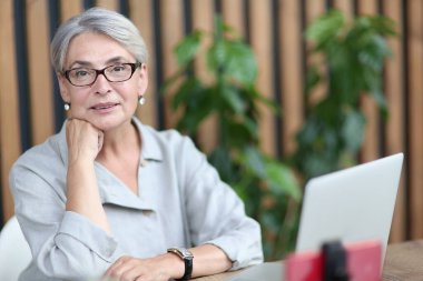 Smiling 60-year-old business woman using a computer at office