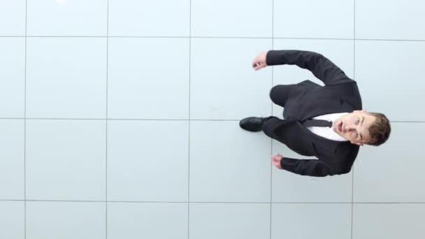 Young Man Suit Waves His Index Finger View — Stock video