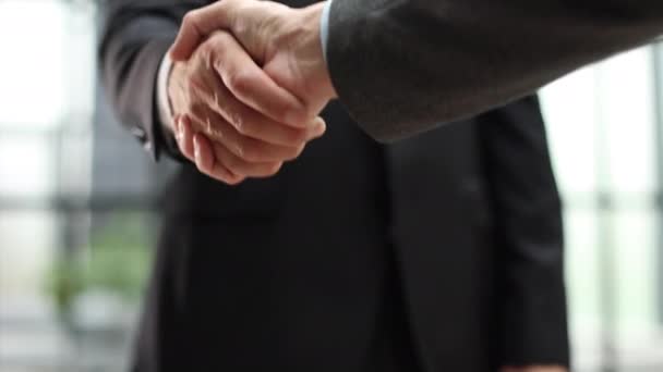 Два Разноплановых Профессиональных Бизнесмена Пожимают Друг Другу Руки Офисном Совещании — стоковое видео