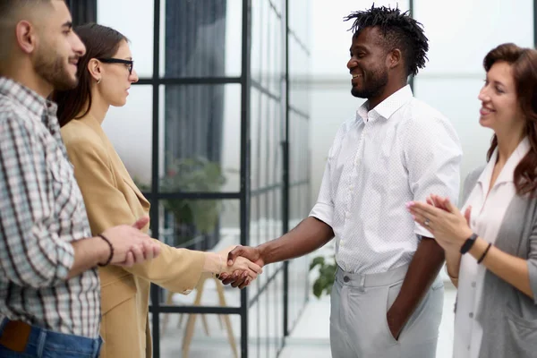 stock image Confident business partners meet in an office building and talk