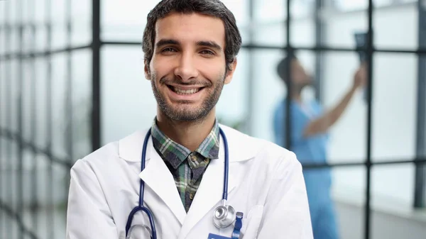 Portrait Young Doctor Standing Hospital Hall — Stock Photo, Image
