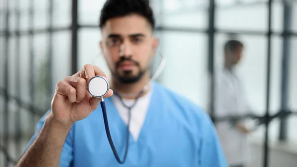 Futuristic Doctor Shows Stethoscope Appear Advanced Futuristic Medicine Symbols Holography — Stock Photo, Image