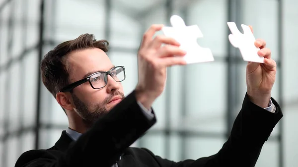 Business Man Show White Jigsaw Hand Conceito Estratégia Negócios — Fotografia de Stock