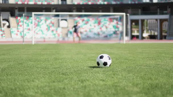 年轻的足球运动员把球打进球门 — 图库视频影像