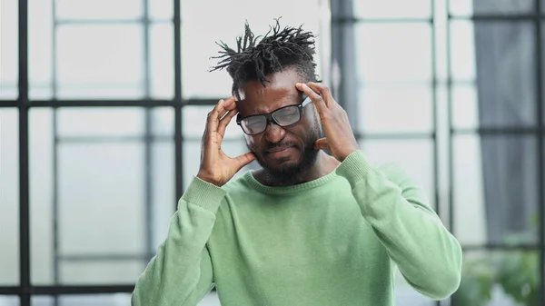 Portrait Sad Unhappy African Man Having Bad Headache — Foto Stock