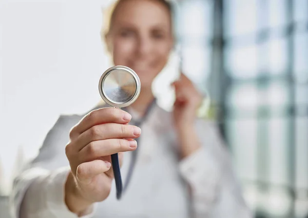 Doctor Wearing White Coat Standing Holding Stethoscope Hands — Stock Photo, Image