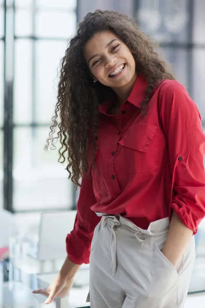 Bild Von Jungen Schönen Fröhlichen Frau Lächelt Während Der Arbeit — Stockfoto