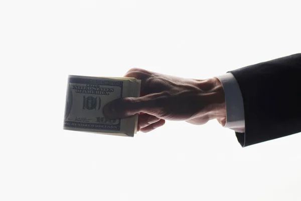 Close Mans Hand Crushing Wad Hundred Dollar Notes — Stock Photo, Image