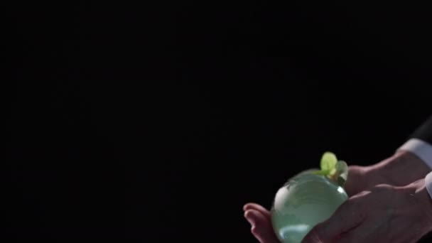 球の中で育つ植物 黒を背景にエココンセプト — ストック動画