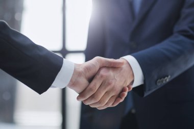 İş adamları ofis pencerelerinin önünde el sıkışıyor.