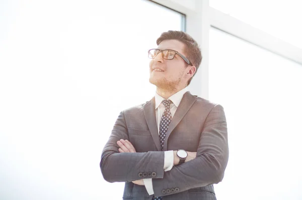Portrait Young Businessman Wearing Glasses Standing Office — Stock Photo, Image