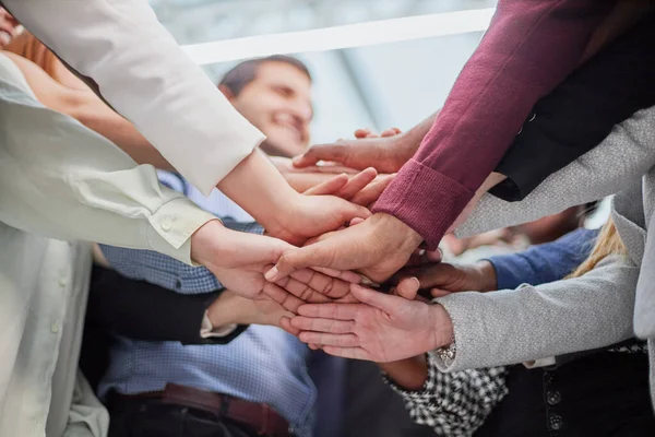 Young Happy People Stacking Hands Diverse Culture Students Celebrating Together — Stock Photo, Image