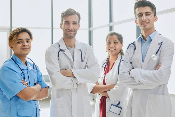 Successful Team Medical Doctors Looking Camera Smiling While Standing — Stock Photo, Image