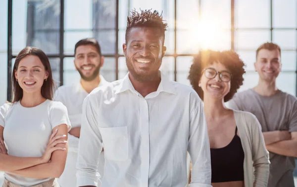 stock image Face of beautiful woman on the background of business people