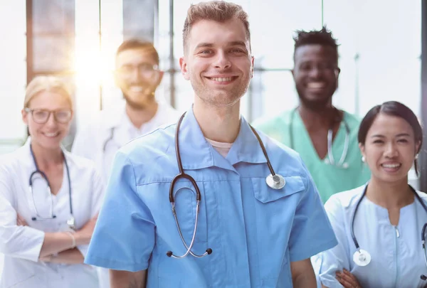 Smiling Group Scientists Modern Office Male Leader Mixed Race — Stock Photo, Image