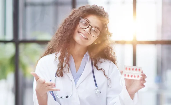 Portrait Young Female Doctor White Coat Workplace Stock Picture