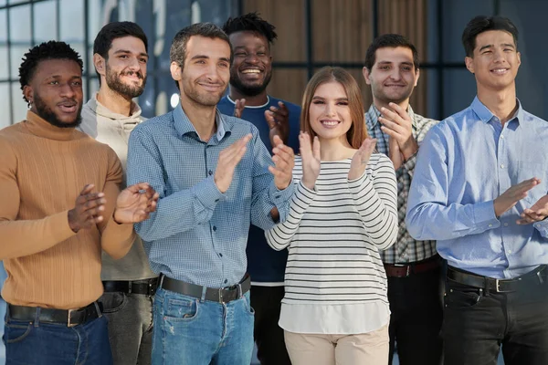 Отдел Кадров Group Portrait Smiling Employees Friendly Team Different Racial Стоковое Изображение
